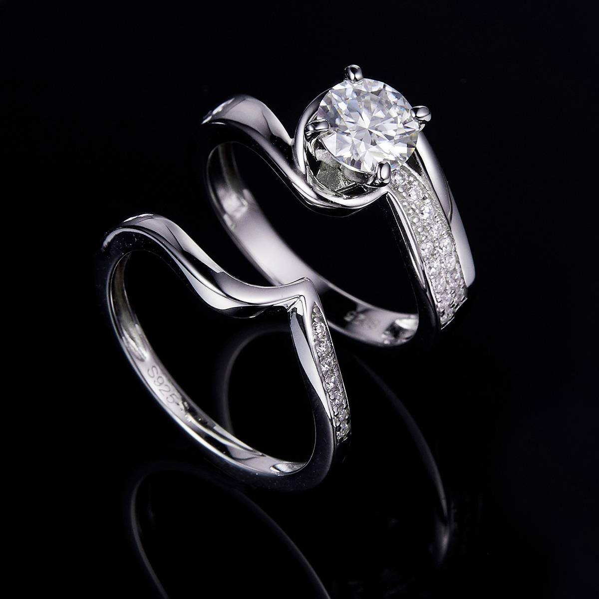 扭臂四爪女戒S925银镀白金主副套戒叠戴定制主石莫桑钻1.0ct/副石高碳钻