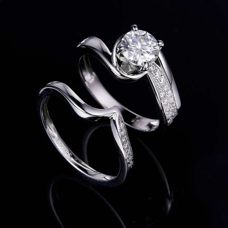 扭臂四爪女戒S925银镀白金主副套戒叠戴定制主石莫桑钻1.0ct/副石高碳钻