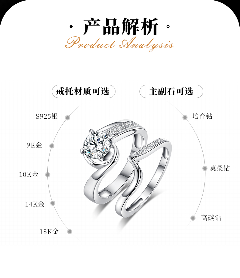 扭臂四爪女戒S925银镀白金主副套戒叠戴定制主石莫桑钻1.0ct/副石高碳钻 - 2