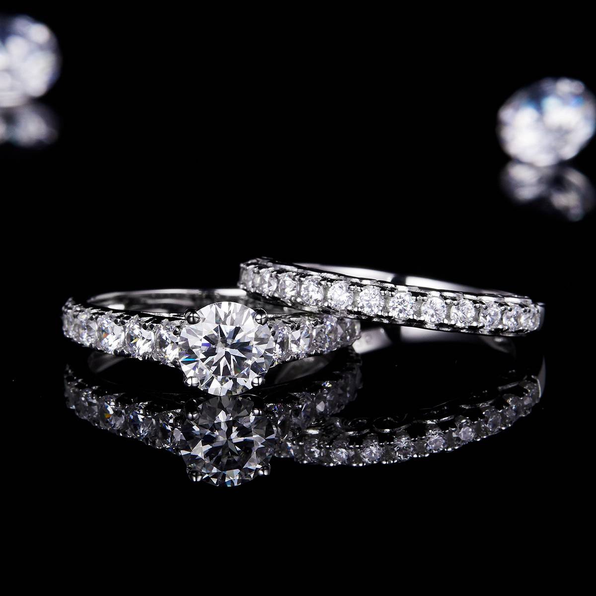 Micro Inlaid Four Claw Women's Ring S925 Silver Plated Platinum Primary and Secondary Set Ring Stacking Customized Main Stone Moissanite  1.0ct/Secondary Stone High Carbon Diamond