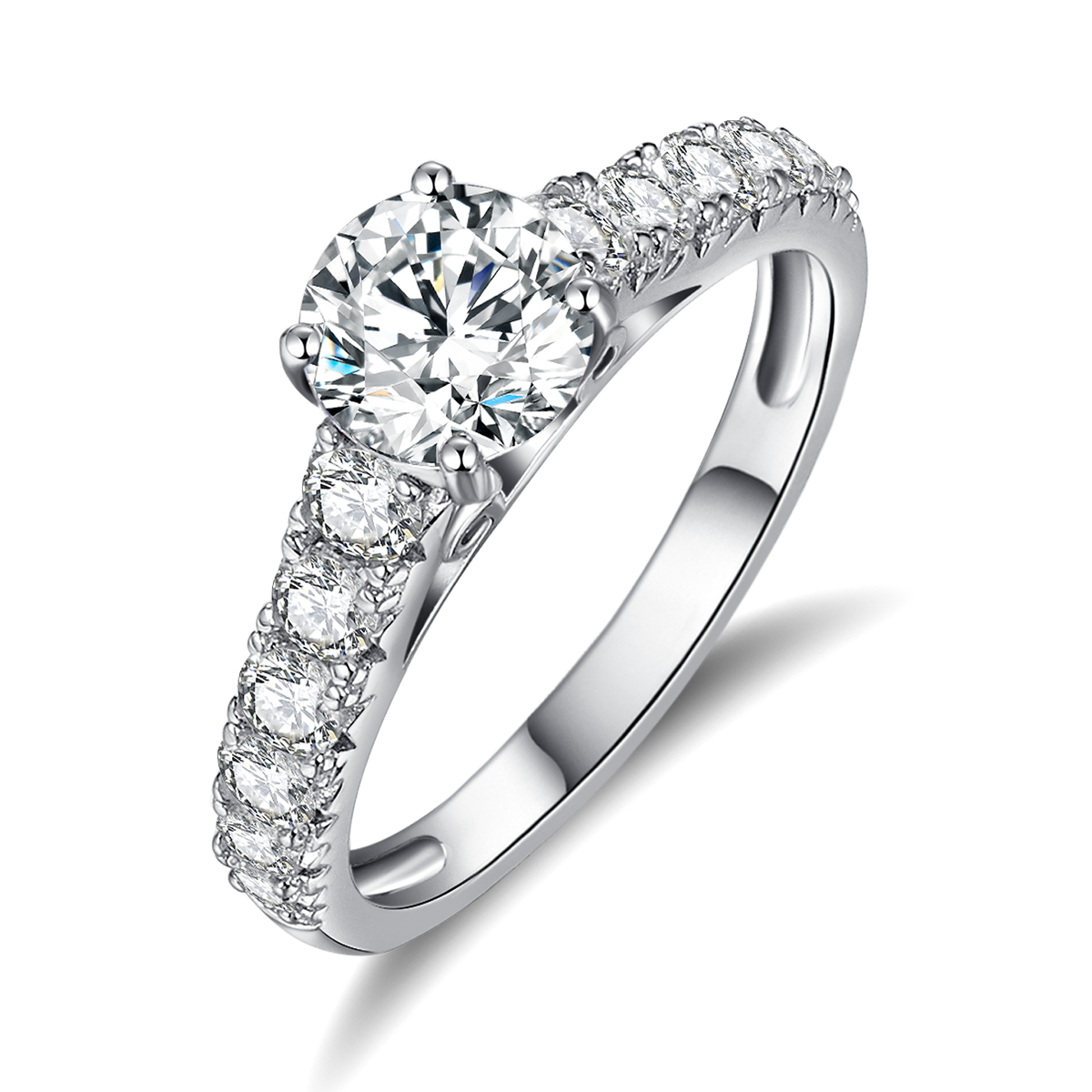 Micro Inlaid Four Claw Women's Ring S925 Silver Plated Platinum Primary and Secondary Set Ring Stacking Customized Main Stone Moissanite  1.0ct/Secondary Stone High Carbon Diamond