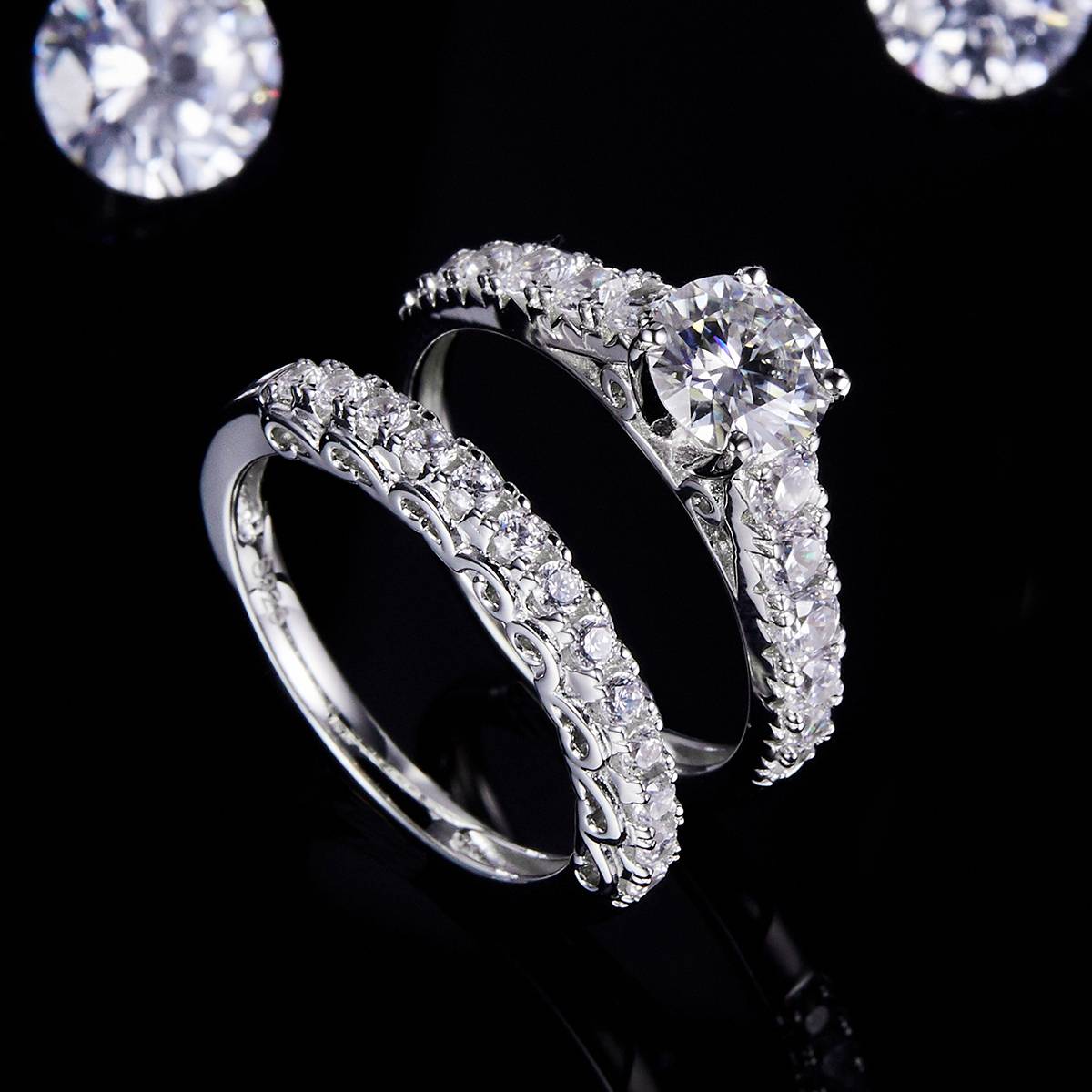 Micro Inlaid Four Claw Women's Ring S925 Silver Plated Platinum Primary and Secondary Set Ring Stacking Customized Main Stone Moissanite  1.0ct/Secondary Stone High Carbon Diamond