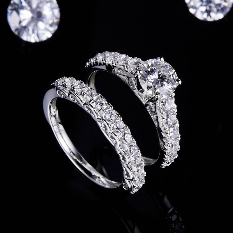 Micro Inlaid Four Claw Women's Ring S925 Silver Plated Platinum Primary and Secondary Set Ring Stacking Customized Main Stone Moissanite Diamond 1.0ct/Secondary Stone High Carbon Diamond