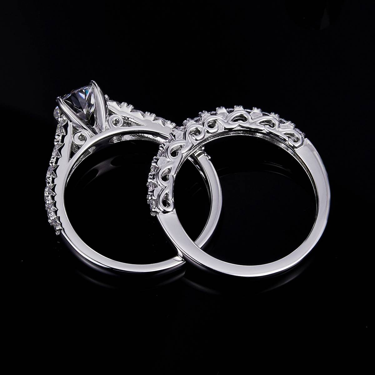 Micro Inlaid Four Claw Women's Ring S925 Silver Plated Platinum Primary and Secondary Set Ring Stacking Customized Main Stone Moissanite  1.0ct/Secondary Stone High Carbon Diamond