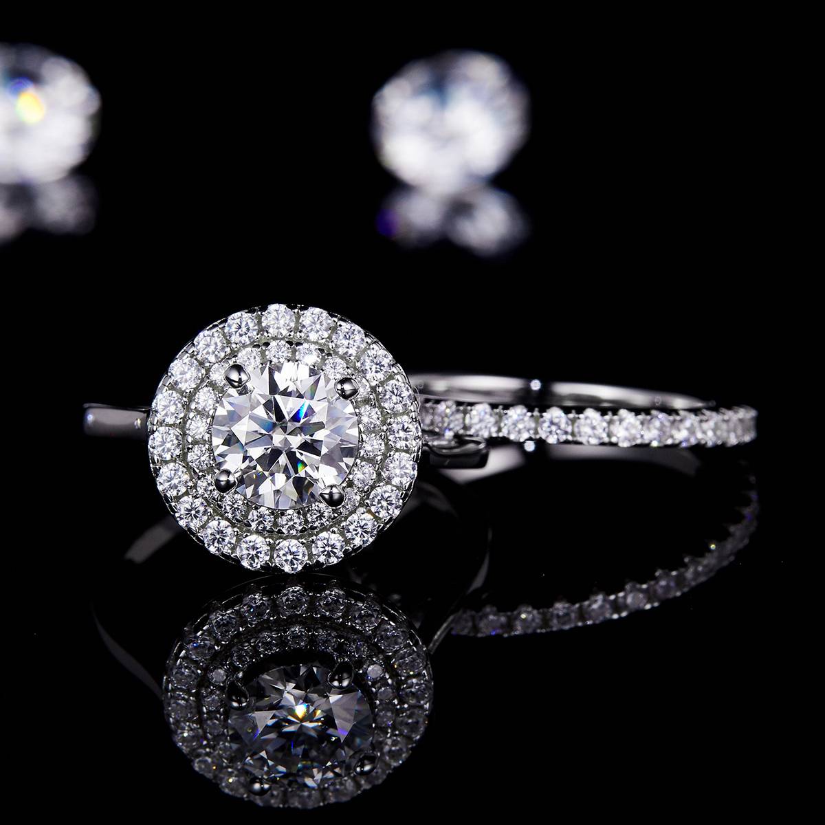 豪华圆包女戒S925银镀白金主副套戒叠戴定制主石莫桑钻1.0ct/副石高碳钻