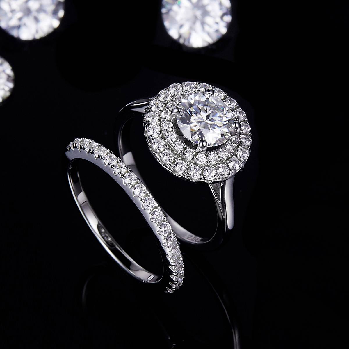 豪华圆包女戒S925银镀白金主副套戒叠戴定制主石莫桑钻1.0ct/副石高碳钻