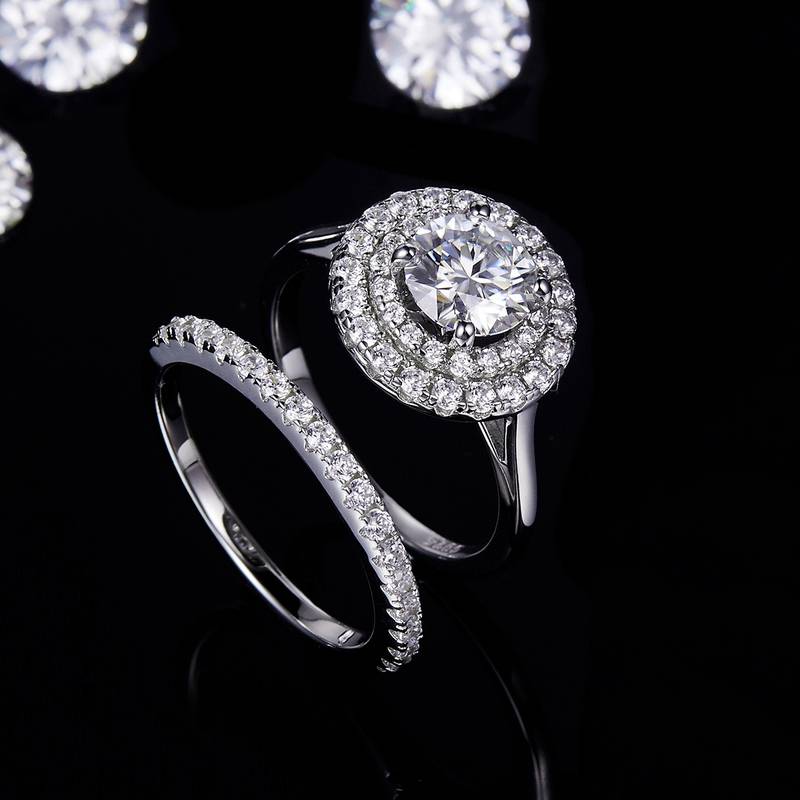 Luxury Round Bag Women's Ring S925 Silver Plated Platinum Primary and Secondary Set Ring Stacked Customized Main Stone Moissanite Diamond 1.0ct/Secondary Stone High Carbon Diamond