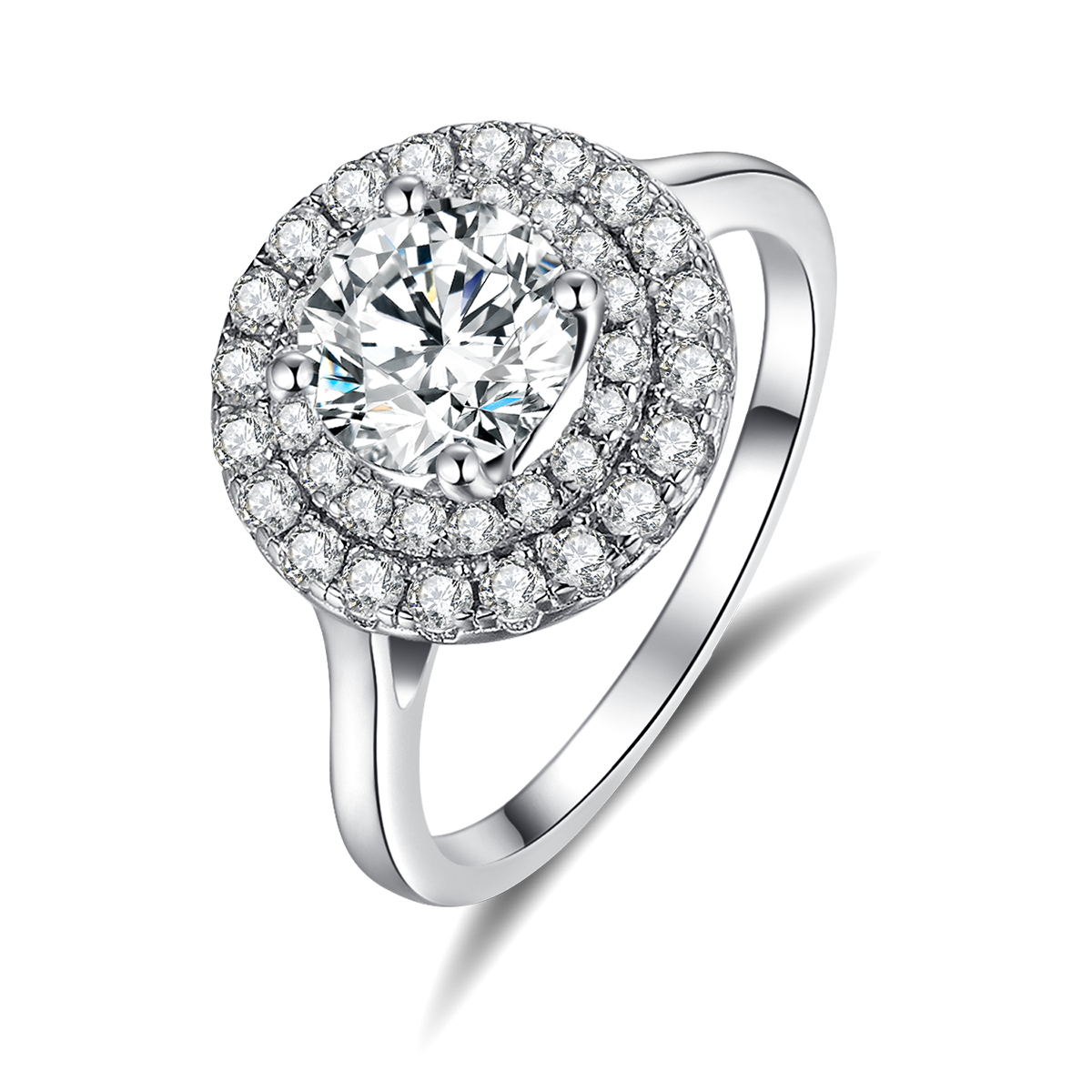 豪华圆包女戒S925银镀白金主副套戒叠戴定制主石莫桑钻1.0ct/副石高碳钻