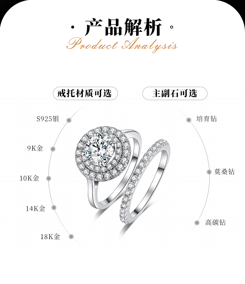 豪华圆包女戒S925银镀白金主副套戒叠戴定制主石莫桑钻1.0ct/副石高碳钻 - 2