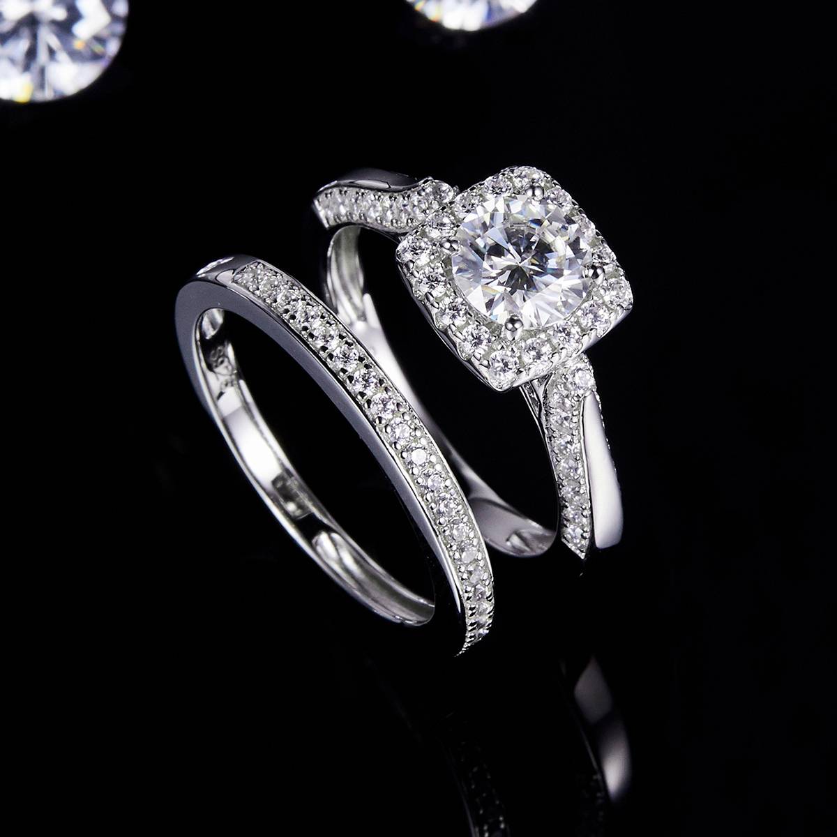 Fang Bao Women's Ring S925 Silver Plated Platinum Primary and Secondary Set Ring Stacking Customized Main StoneMoissanite  1.0ct/Secondary Stone High Carbon Diamond
