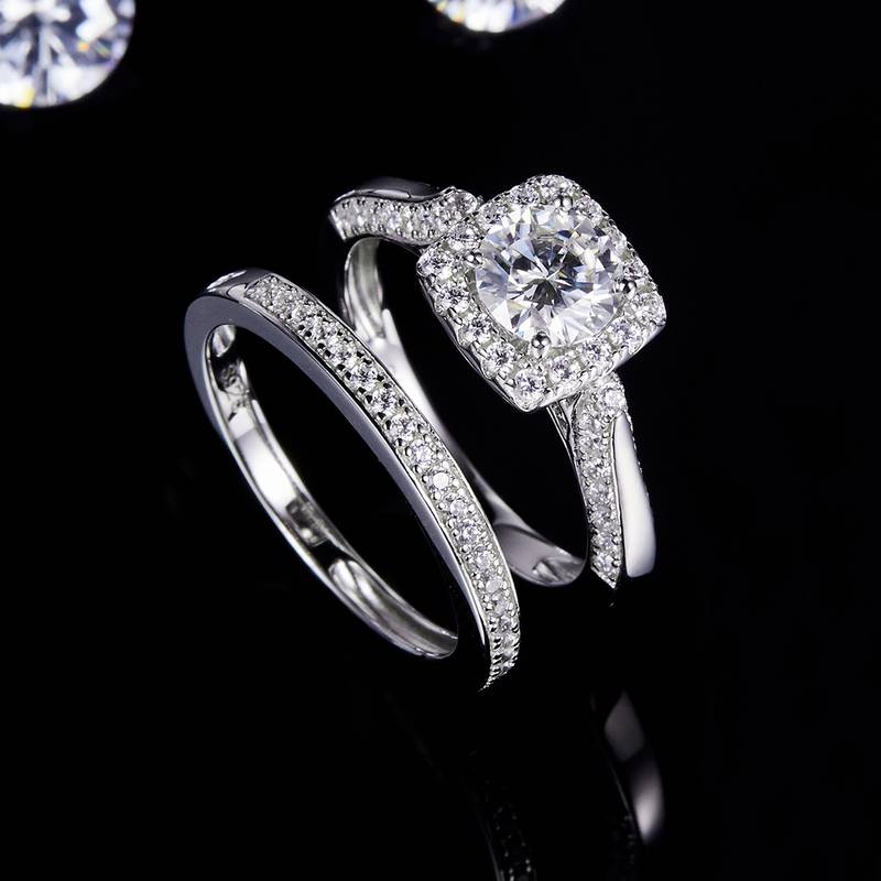 方包女戒S925银镀白金主副套戒叠戴定制主石莫桑钻1.0ct/副石高碳钻