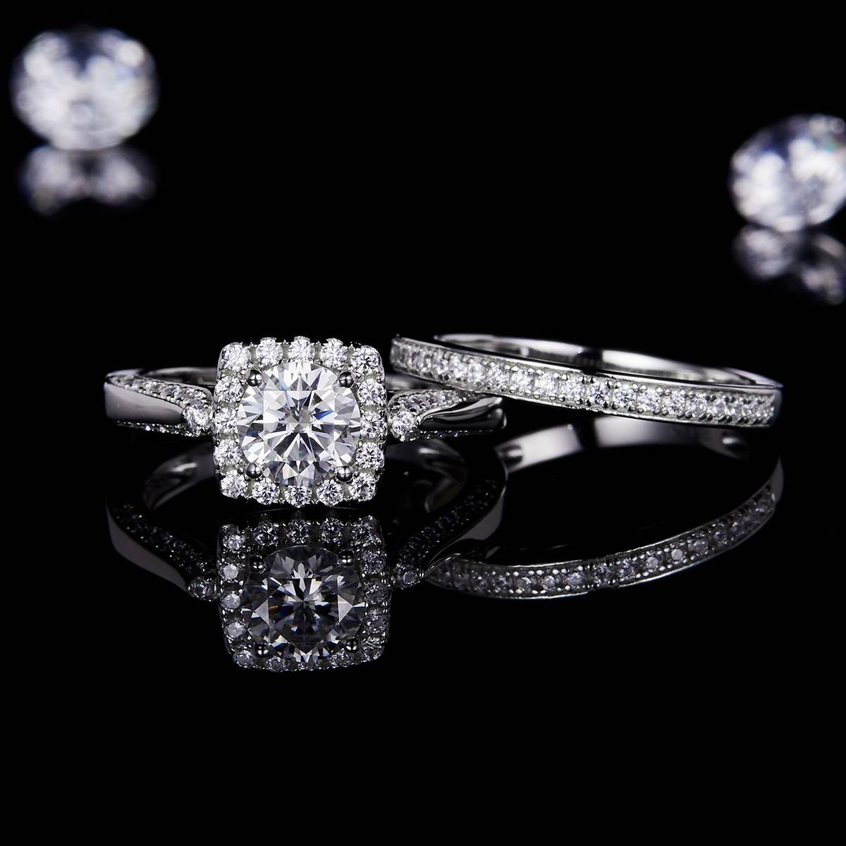 Fang Bao Women's Ring S925 Silver Plated Platinum Primary and Secondary Set Ring Stacking Customized Main StoneMoissanite  1.0ct/Secondary Stone High Carbon Diamond