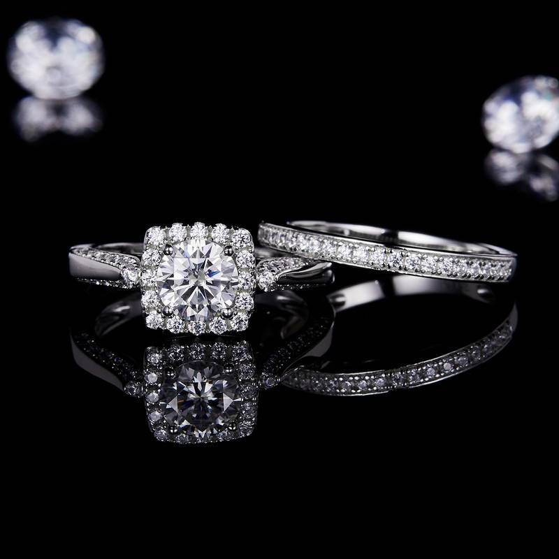 方包女戒S925银镀白金主副套戒叠戴定制主石莫桑钻1.0ct/副石高碳钻