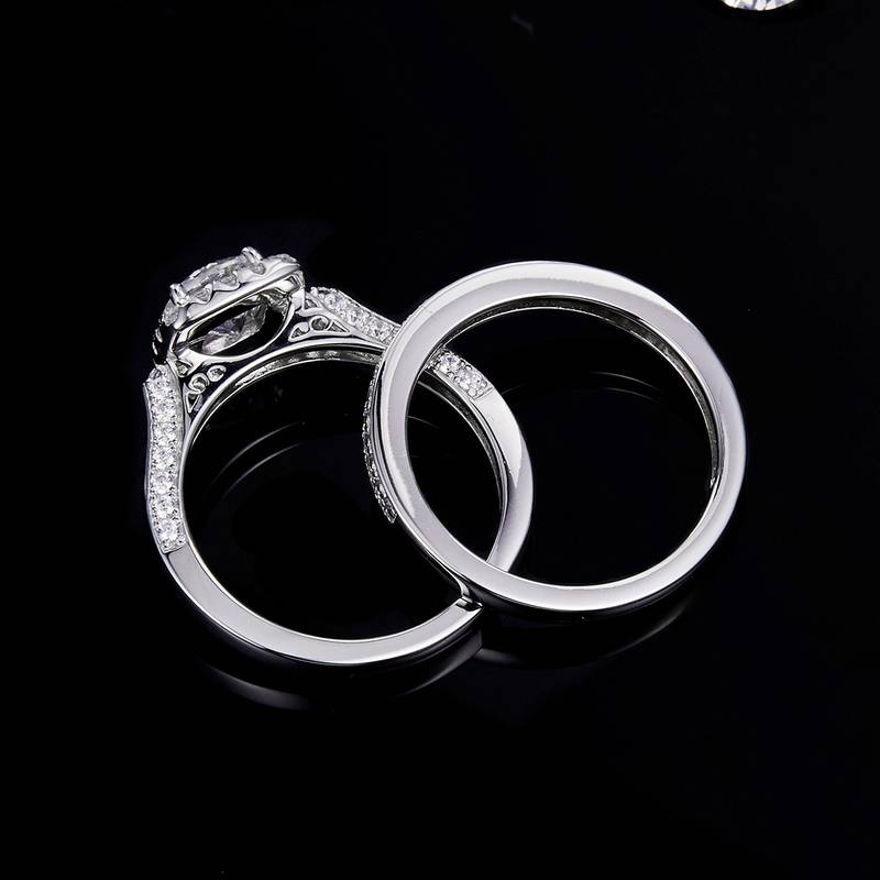 方包女戒S925银镀白金主副套戒叠戴定制主石莫桑钻1.0ct/副石高碳钻