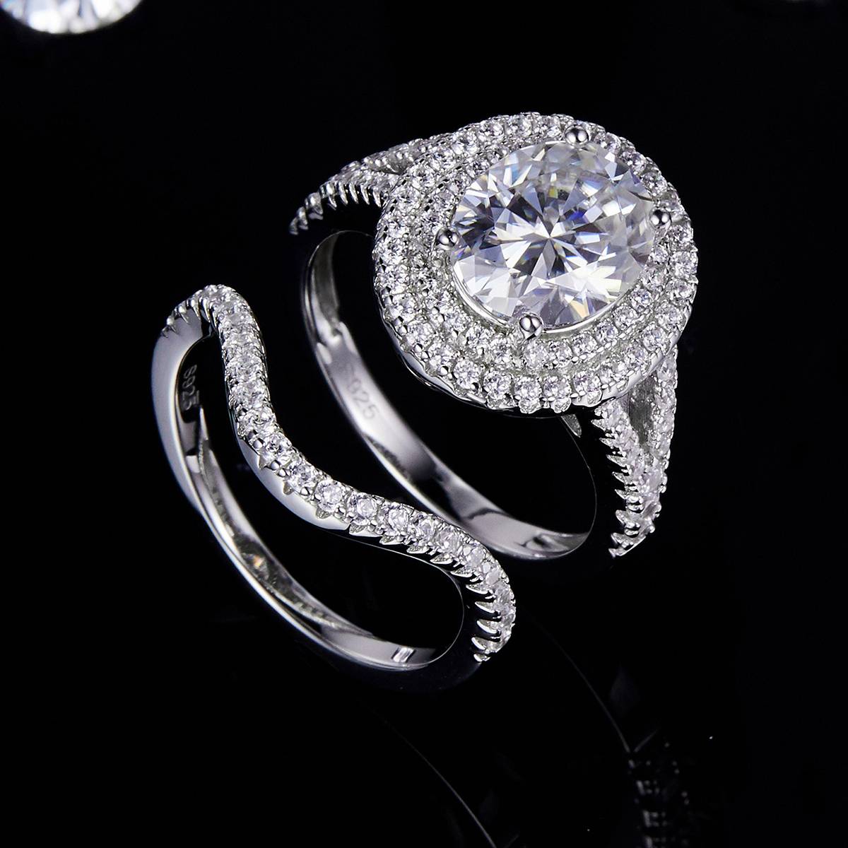 Egg shaped luxury round bag women's ring S925 silver plated platinum main and secondary sets of rings, stacked and customized main stone moissanite  3.0ct/secondary stone high carbon diamond