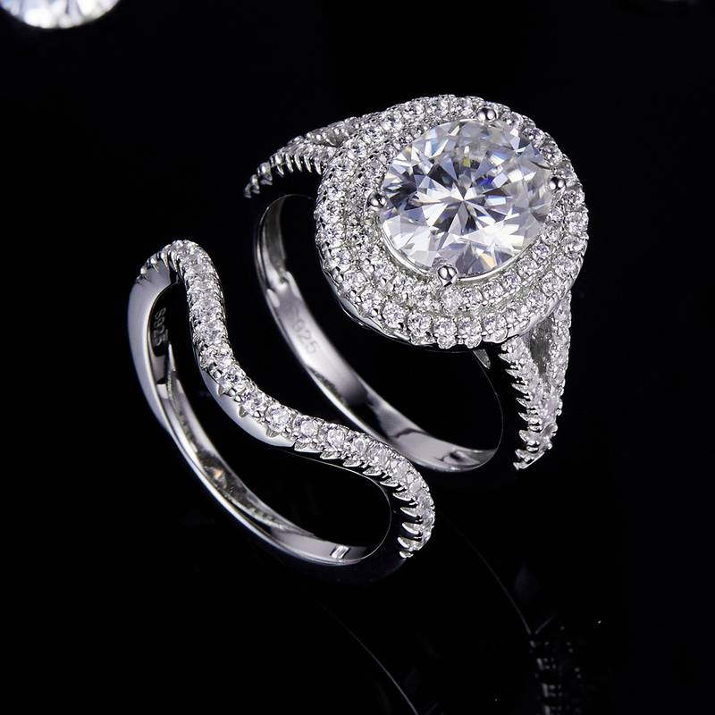 Egg shaped luxury round bag women's ring S925 silver plated platinum main and secondary sets of rings, stacked and customized main stone moissanite diamond 3.0ct/secondary stone high carbon diamond