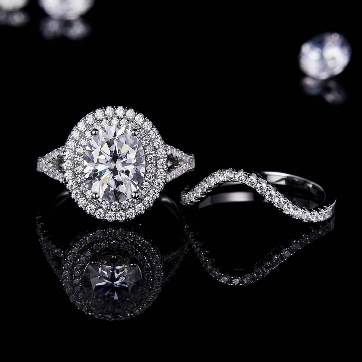 Egg shaped luxury round bag women's ring S925 silver plated platinum main and secondary sets of rings, stacked and customized main stone moissanite  3.0ct/secondary stone high carbon diamond