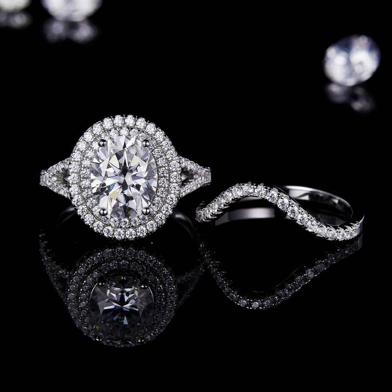 Egg shaped luxury round bag women's ring S925 silver plated platinum main and secondary sets of rings, stacked and customized main stone moissanite diamond 3.0ct/secondary stone high carbon diamond