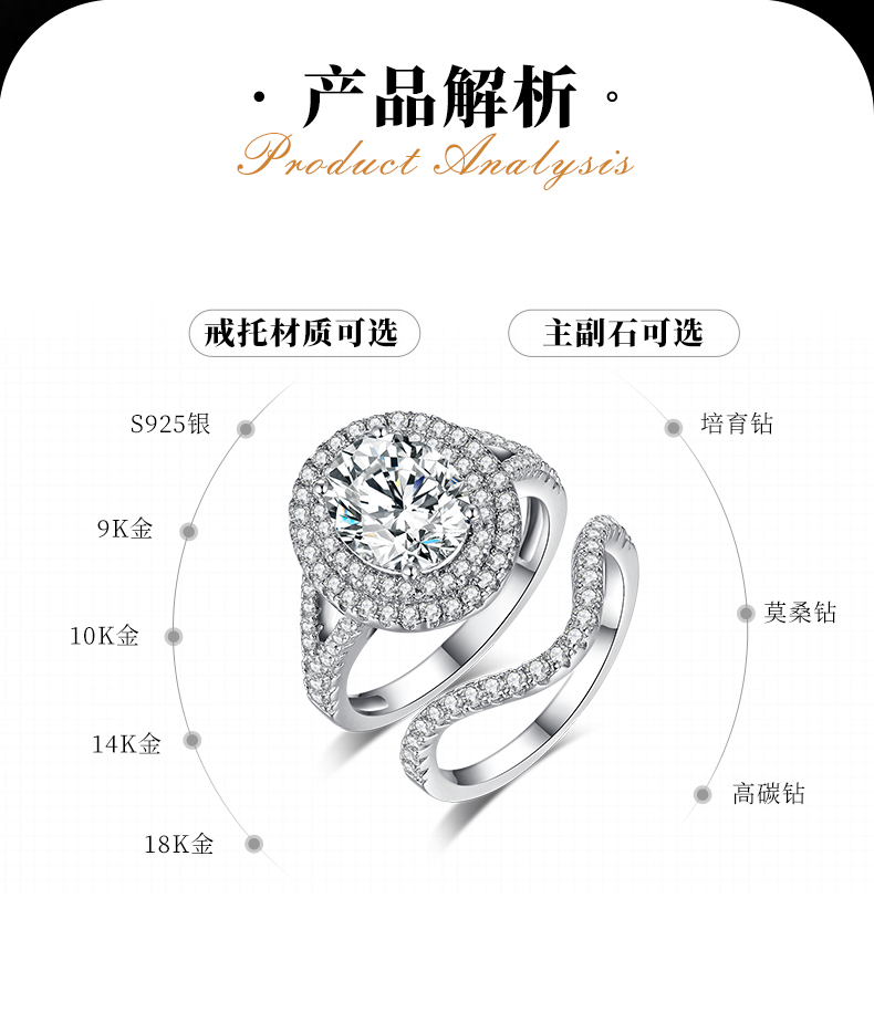 蛋形豪华圆包女戒S925银镀白金主副套戒叠戴定制主石莫桑钻3.0ct/副石高碳钻 - 2
