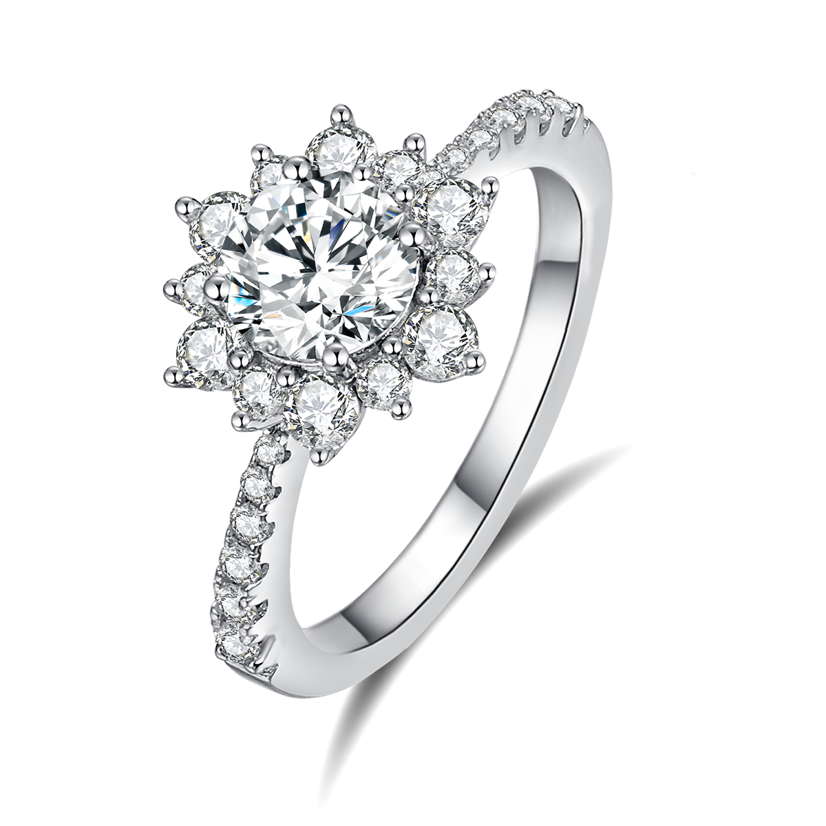 太阳花女戒S925银镀白金主副套戒叠戴定制主石莫桑钻1.0ct/副石高碳钻