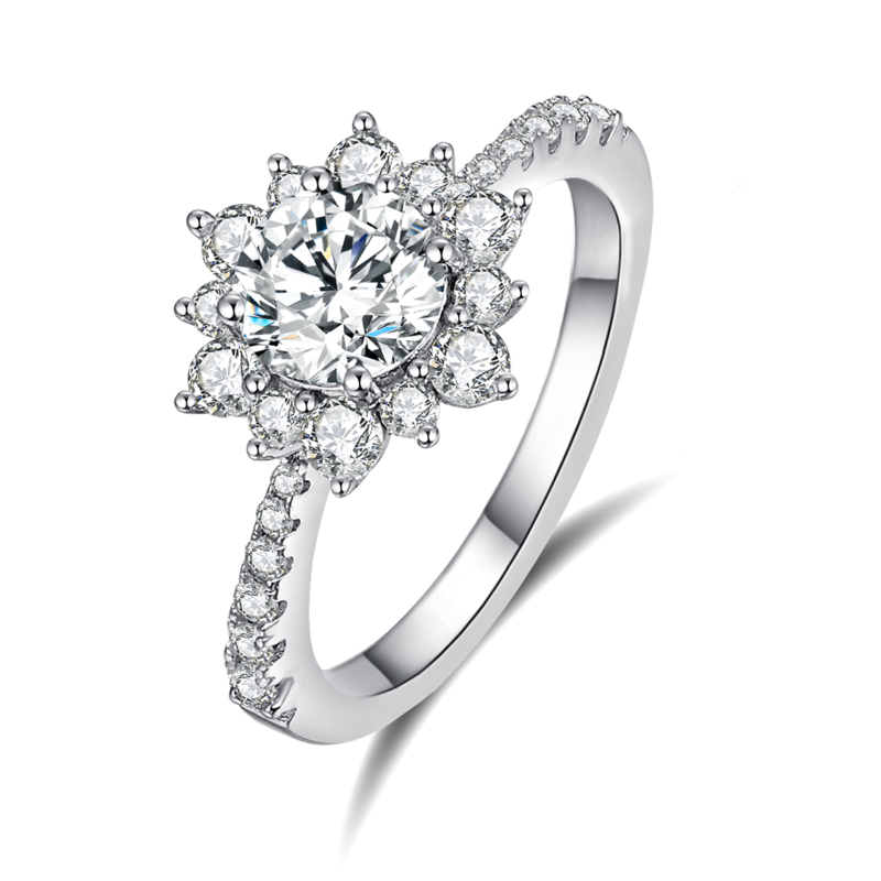 Sunflower Women's Ring S925 Silver Plated Platinum Primary and Secondary Set, Stacked Customized Main Stone Moissanite Diamond 1.0ct/Secondary Stone High Carbon Diamond