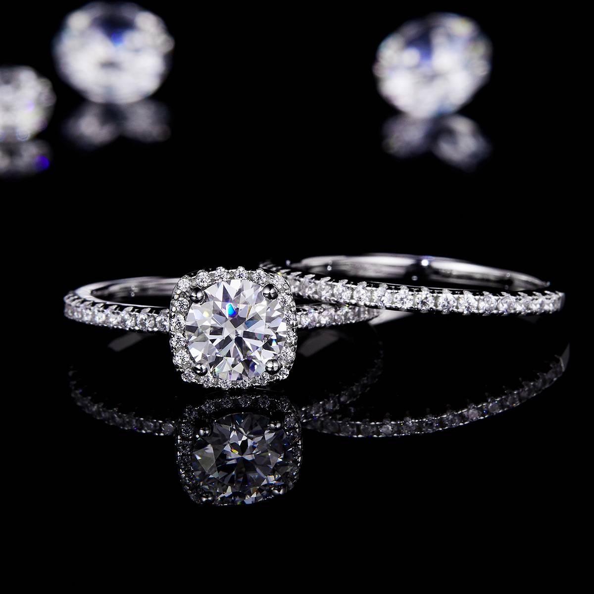 Square Inlaid Women's Ring S925 Silver Plated Platinum Primary and Secondary Set Ring Stacked Customized Main Stone Moissanite  1.0ct/Secondary Stone High Carbon 