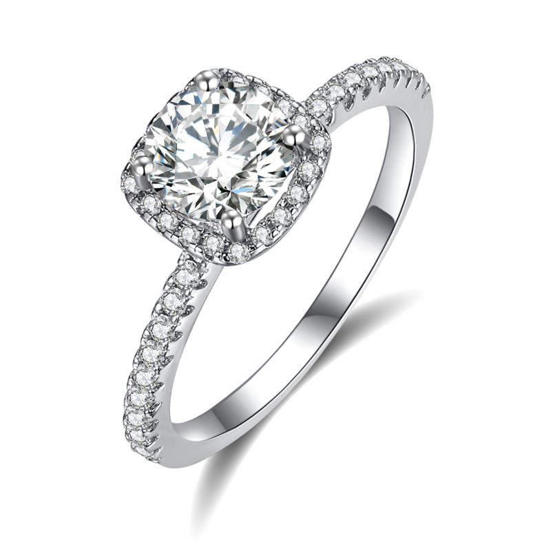 Square Inlaid Women's Ring S925 Silver Plated Platinum Primary and Secondary Set Ring Stacked Customized Main Stone Moissanite Diamond 1.0ct/Secondary Stone High Carbon Diamond