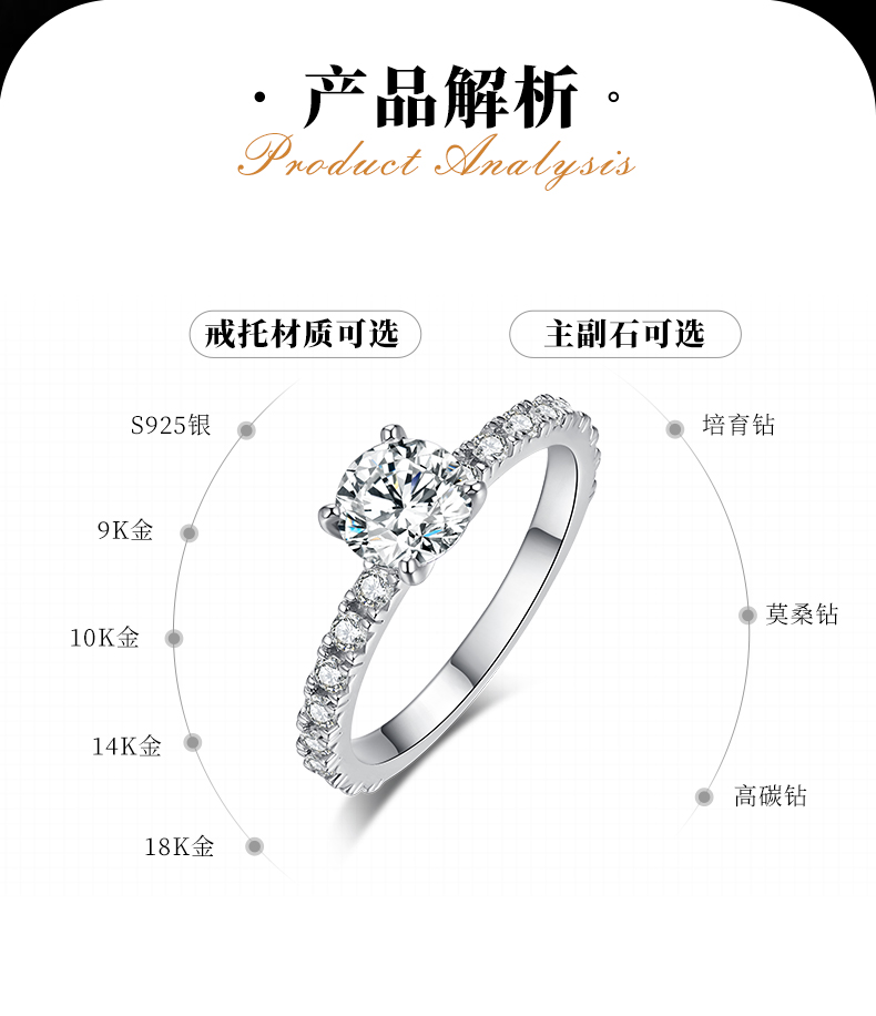 轻奢四爪女戒S925银镀白金定制主石莫桑钻1.0ct/副石高碳钻 - 2