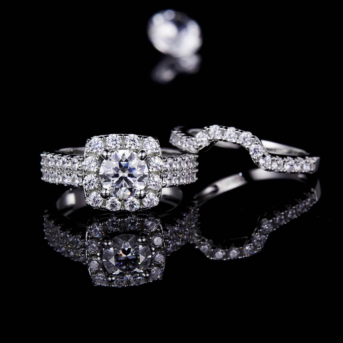Fashionable luxury square bag women's ring S925 silver plated platinum main and secondary sets of rings, stacked and customized main stone moissanite  1.0ct/secondary stone high carbon diamond