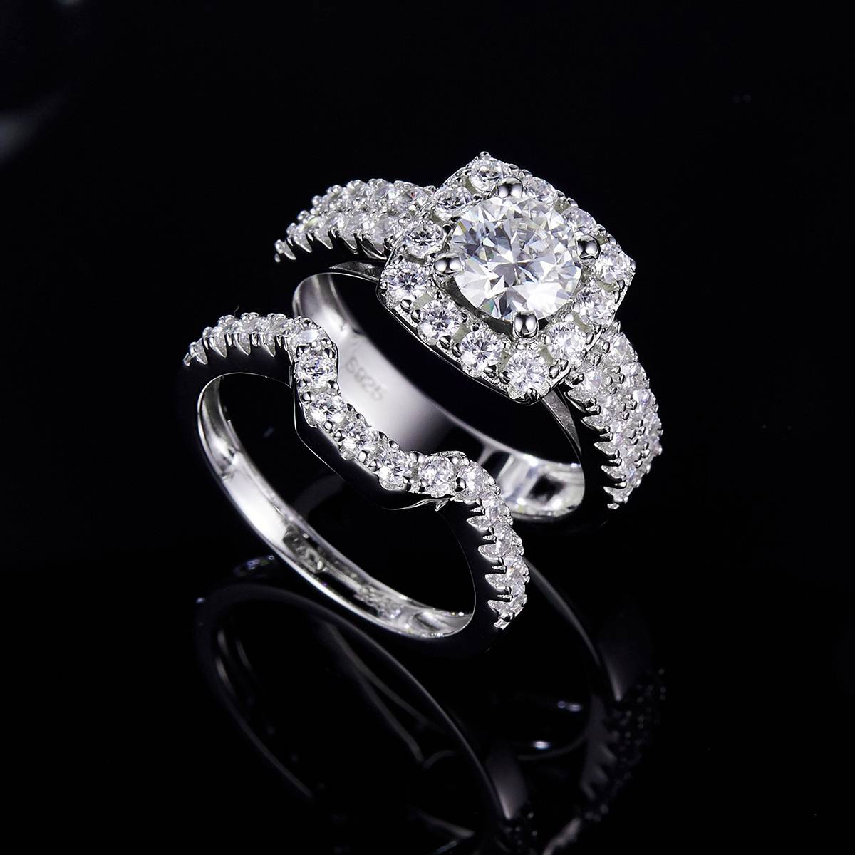 Fashionable luxury square bag women's ring S925 silver plated platinum main and secondary sets of rings, stacked and customized main stone moissanite  1.0ct/secondary stone high carbon diamond