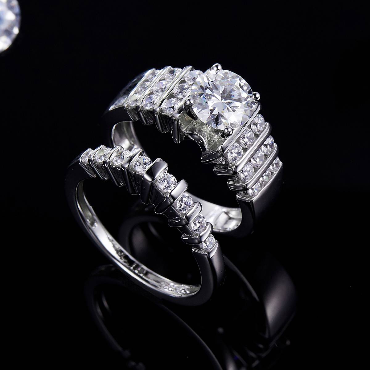 Chao Brand Cross border Women's Ring S925 Silver Plated Platinum Primary and Secondary Set Ring Stacking Customized Main Stone Moissanite  1.2ct/High Carbon 