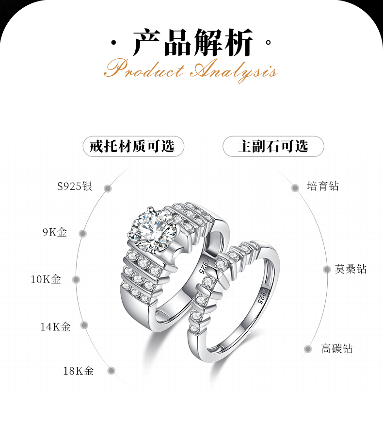 潮牌跨境女戒S925银镀白金主副套戒叠戴定制主石莫桑钻1.2ct/高碳钻 - 2