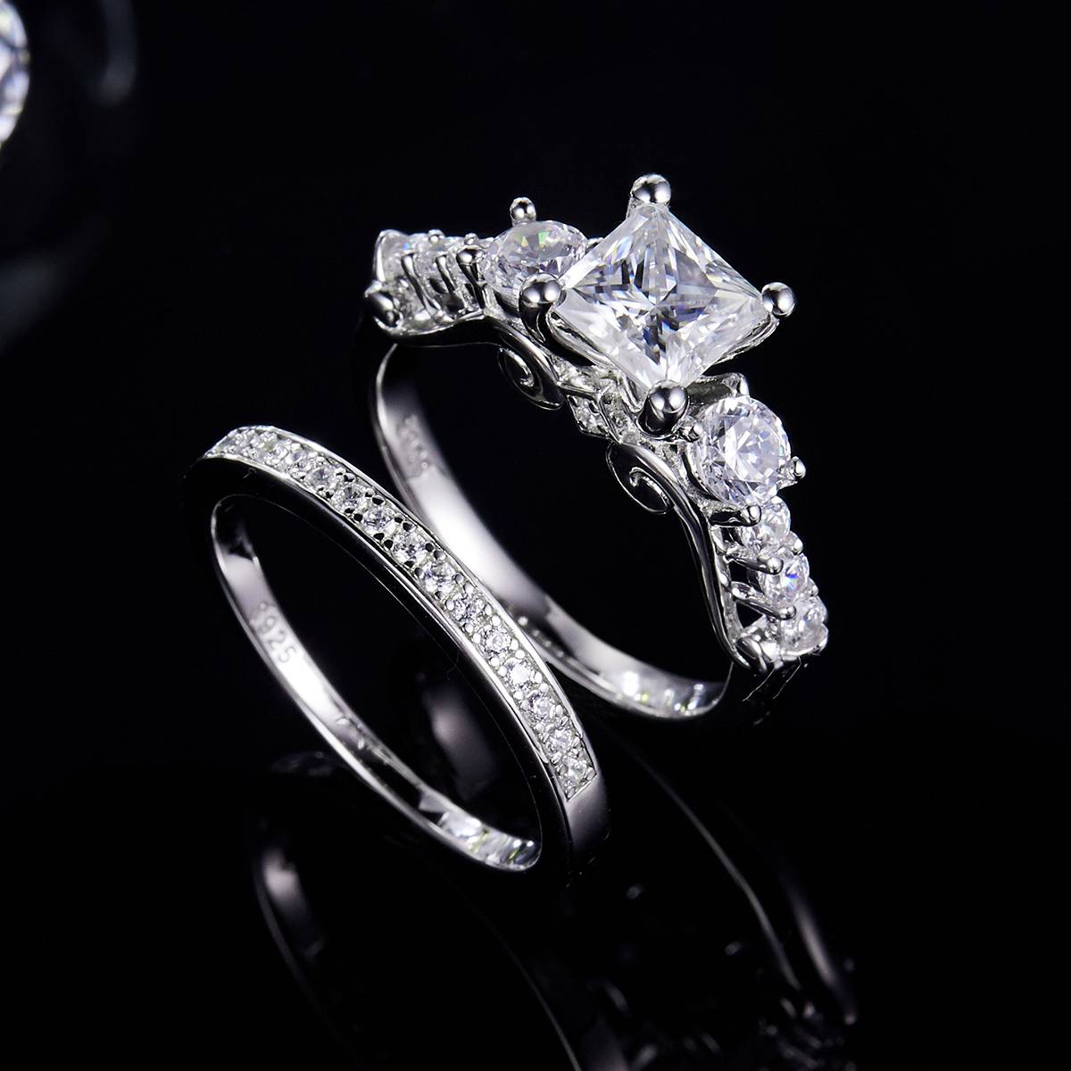 Luxury Princess Square Three Stone Women's Ring S925 Silver Plated Platinum Primary and Secondary Set Customized Stacked Primary Stone Moissanite  1.2ct/Secondary Stone High Carbon Diamond