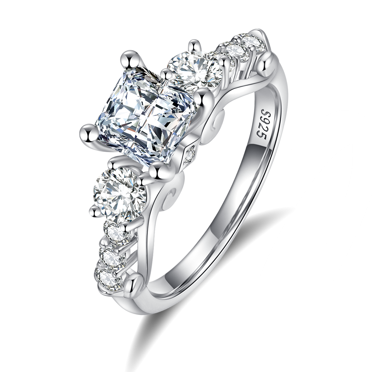 Luxury Princess Square Three Stone Women's Ring S925 Silver Plated Platinum Primary and Secondary Set Customized Stacked Primary Stone Moissanite  1.2ct/Secondary Stone High Carbon Diamond