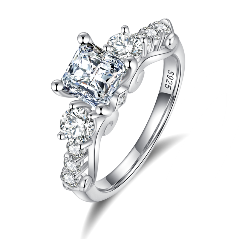 Luxury Princess Square Three Stone Women's Ring S925 Silver Plated Platinum Primary and Secondary Set Customized Stacked Primary Stone Moissanite Diamond 1.2ct/Secondary Stone High Carbon Diamond