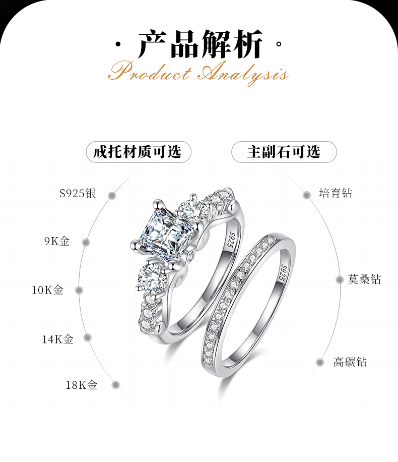 轻奢高级公主方三石女戒S925银镀白金主副套戒定制叠戴主石莫桑钻1.2ct/副石高碳钻 - 2