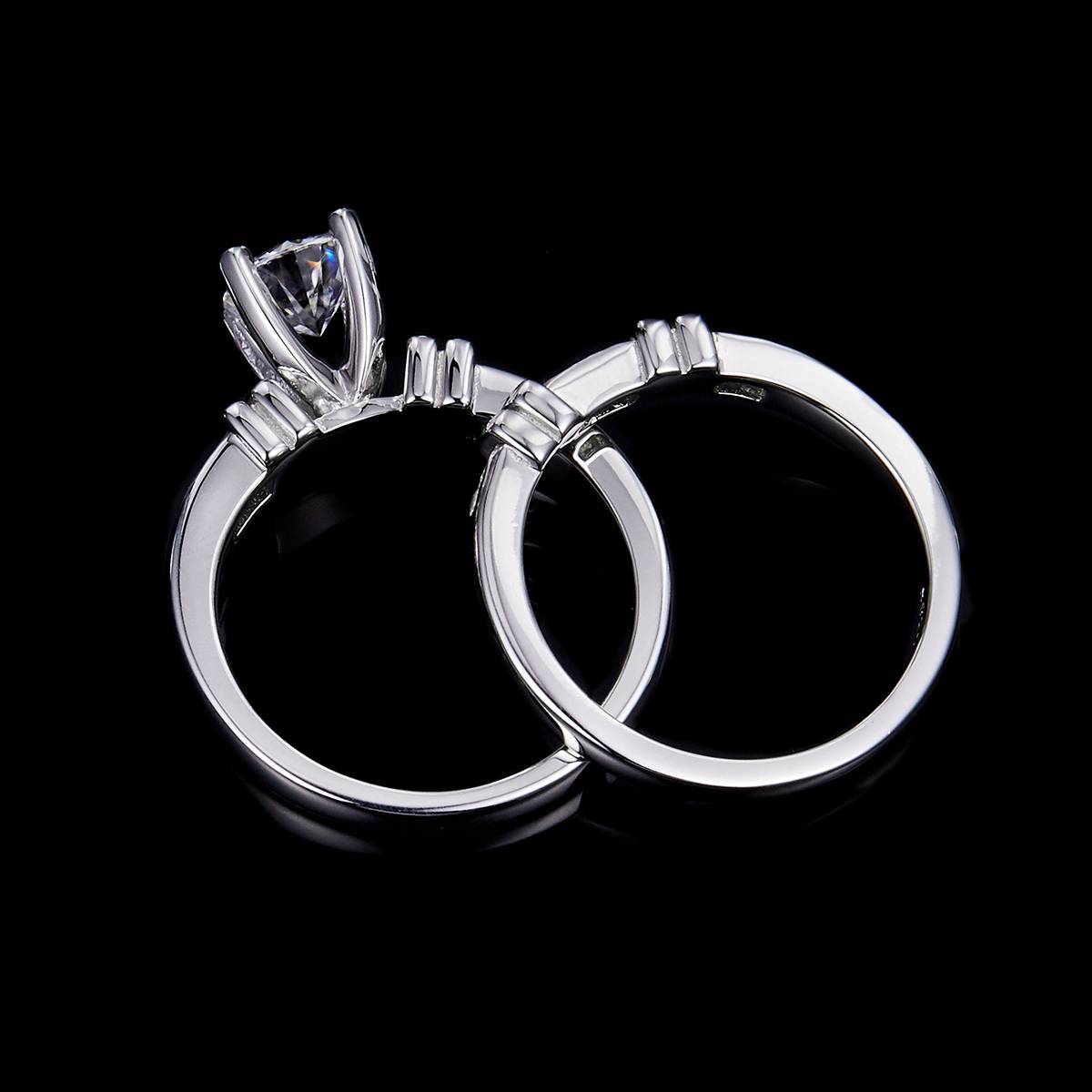 Unique bamboo four claw women's ring S925 silver plated platinum main and secondary sets of rings, stacked and customized main stone moissanite  1.0ct/secondary stone high carbon 
