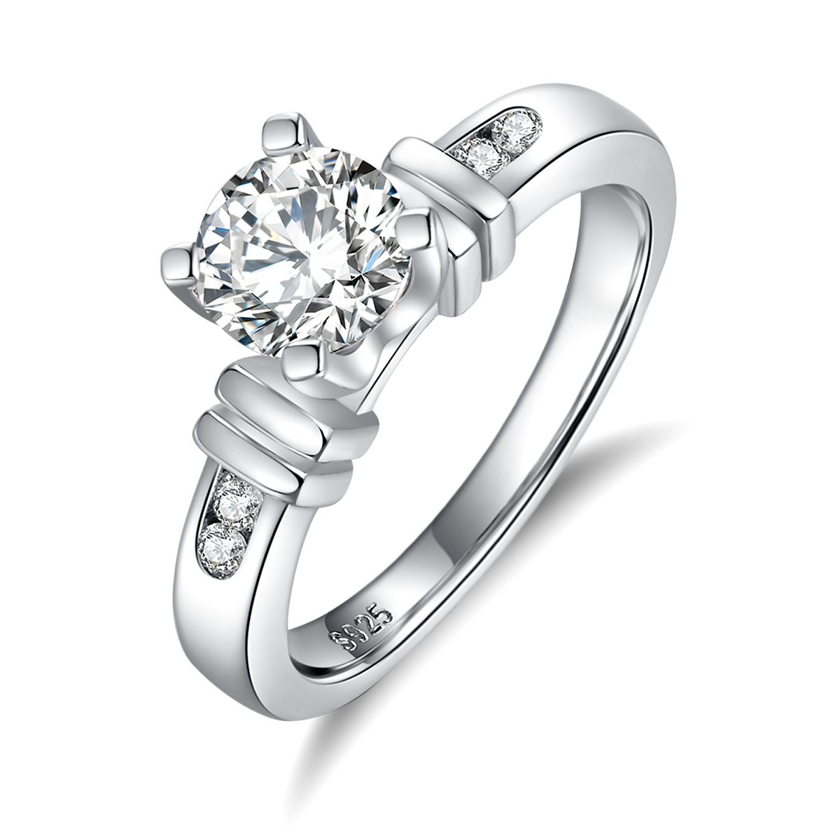 Unique bamboo four claw women's ring S925 silver plated platinum main and secondary sets of rings, stacked and customized main stone moissanite  1.0ct/secondary stone high carbon 