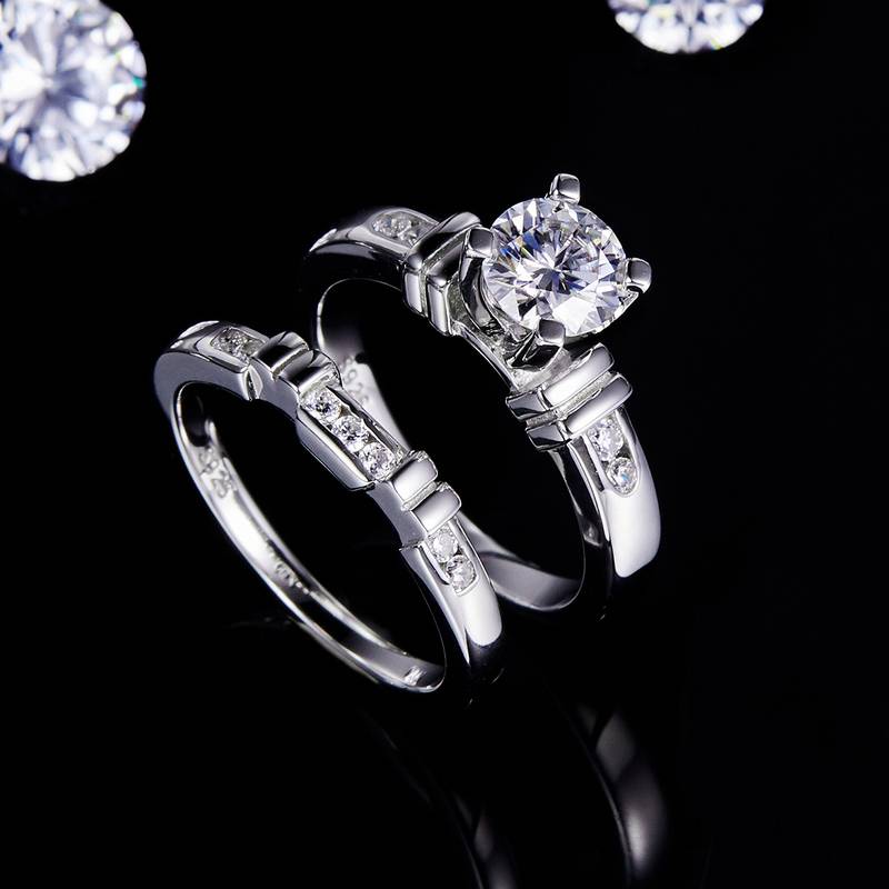 Unique bamboo four claw women's ring S925 silver plated platinum main and secondary sets of rings, stacked and customized main stone moissanite diamond 1.0ct/secondary stone high carbon diamond