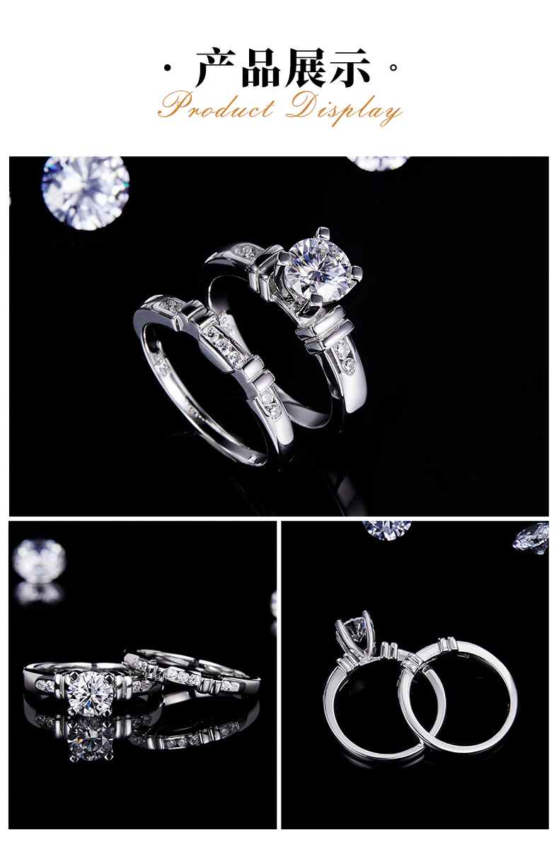 独特竹节四爪女戒S925银镀白金主副套戒叠戴定制主石莫桑钻1.0ct/副石高碳钻 - 3