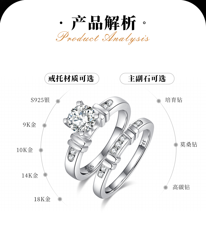 独特竹节四爪女戒S925银镀白金主副套戒叠戴定制主石莫桑钻1.0ct/副石高碳钻 - 2