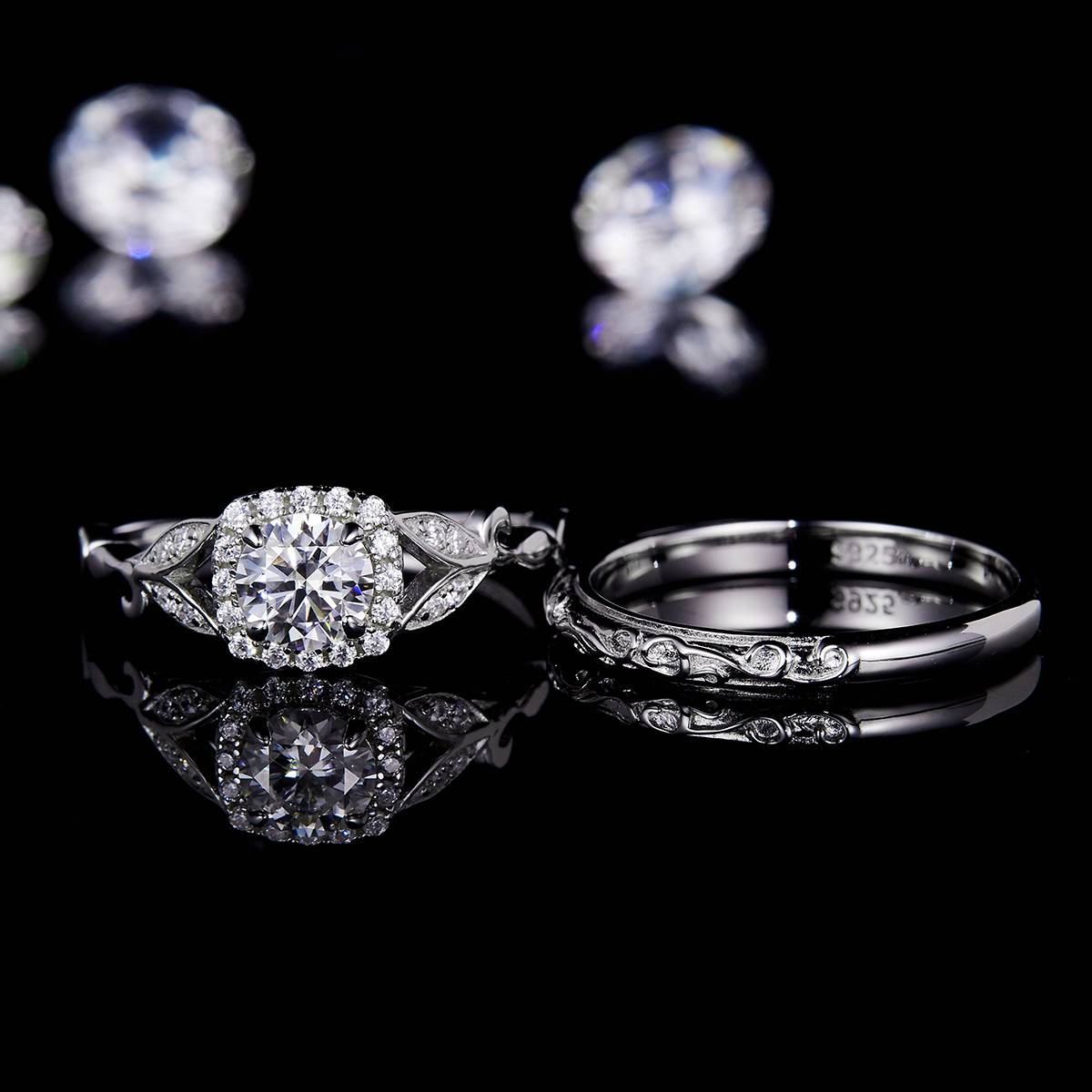 镂空树叶方包女戒S925银镀白金主副套戒叠戴定制主石莫桑钻0.6ct/副石高碳钻