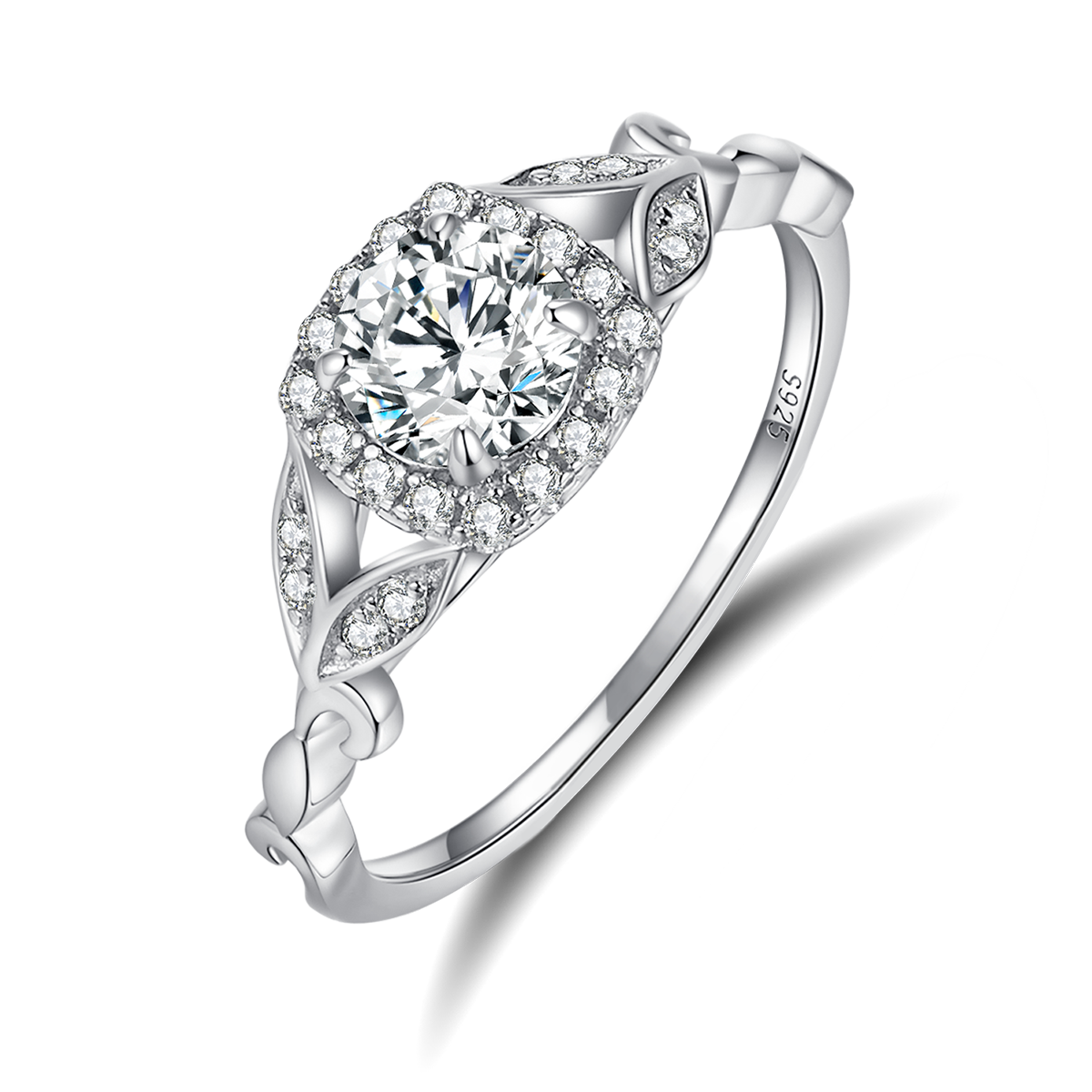 镂空树叶方包女戒S925银镀白金主副套戒叠戴定制主石莫桑钻0.6ct/副石高碳钻