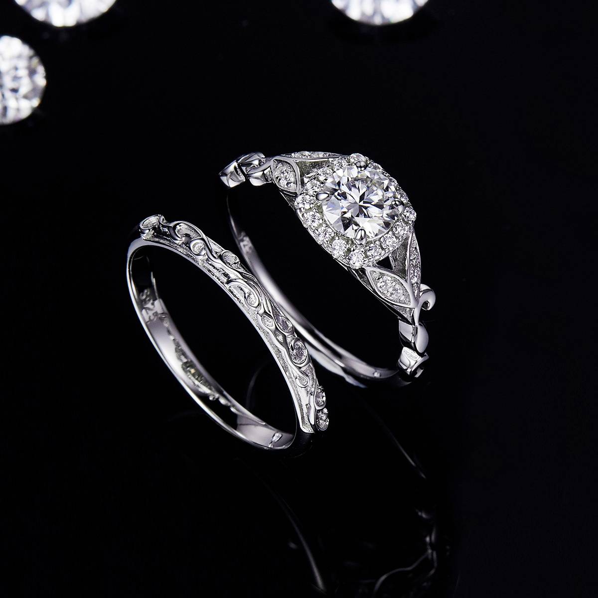 镂空树叶方包女戒S925银镀白金主副套戒叠戴定制主石莫桑钻0.6ct/副石高碳钻