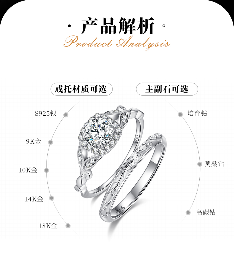 镂空树叶方包女戒S925银镀白金主副套戒叠戴定制主石莫桑钻0.6ct/副石高碳钻 - 2