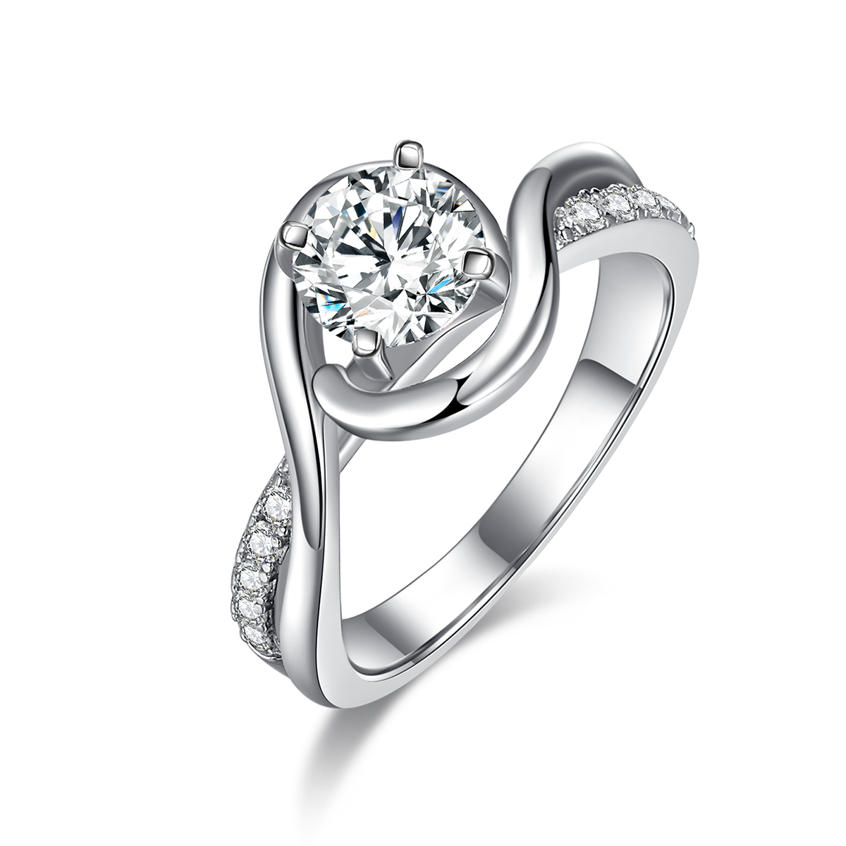 扭臂交叉镶钻女戒S925银镀白金定制主石莫桑钻1.0ct/副石高碳钻