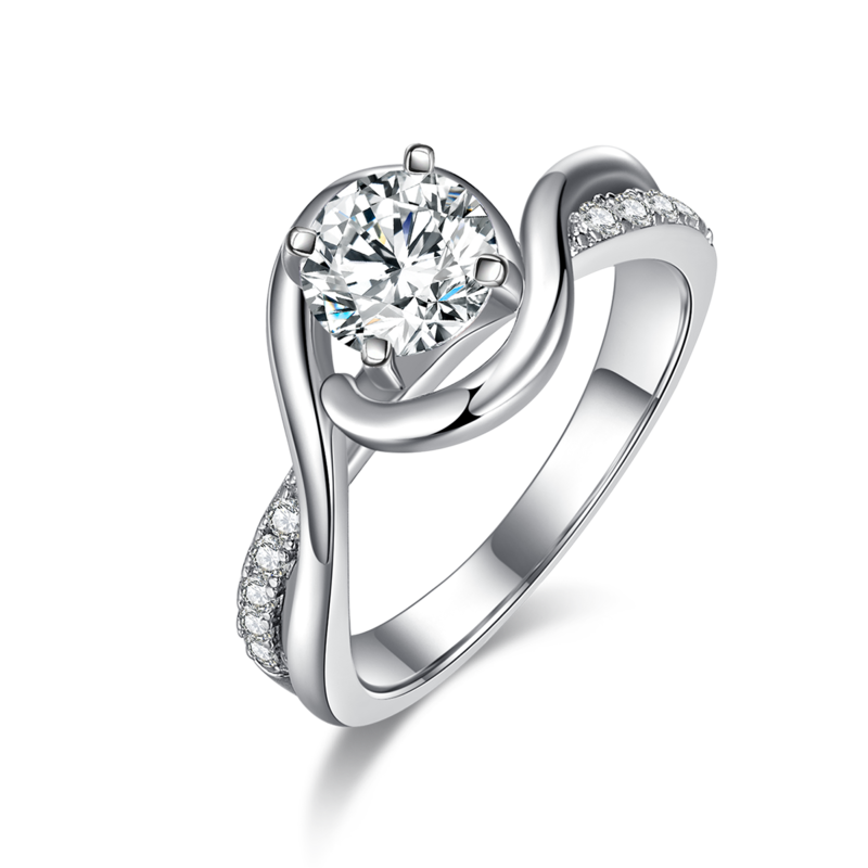 扭臂交叉镶钻女戒S925银镀白金定制主石莫桑钻1.0ct/副石高碳钻