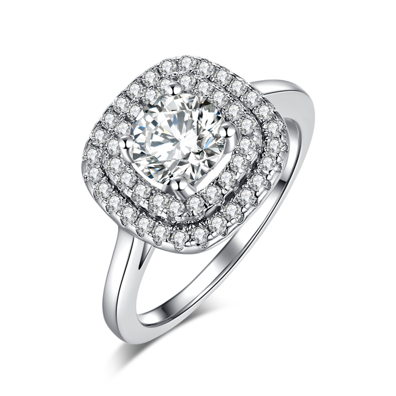 豪华方包女戒S925银镀白金主副套戒叠戴定制主石莫桑钻1.0ct/副石高碳钻
