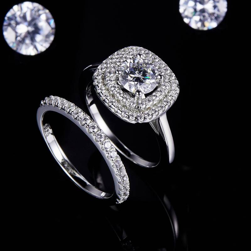 豪华方包女戒S925银镀白金主副套戒叠戴定制主石莫桑钻1.0ct/副石高碳钻