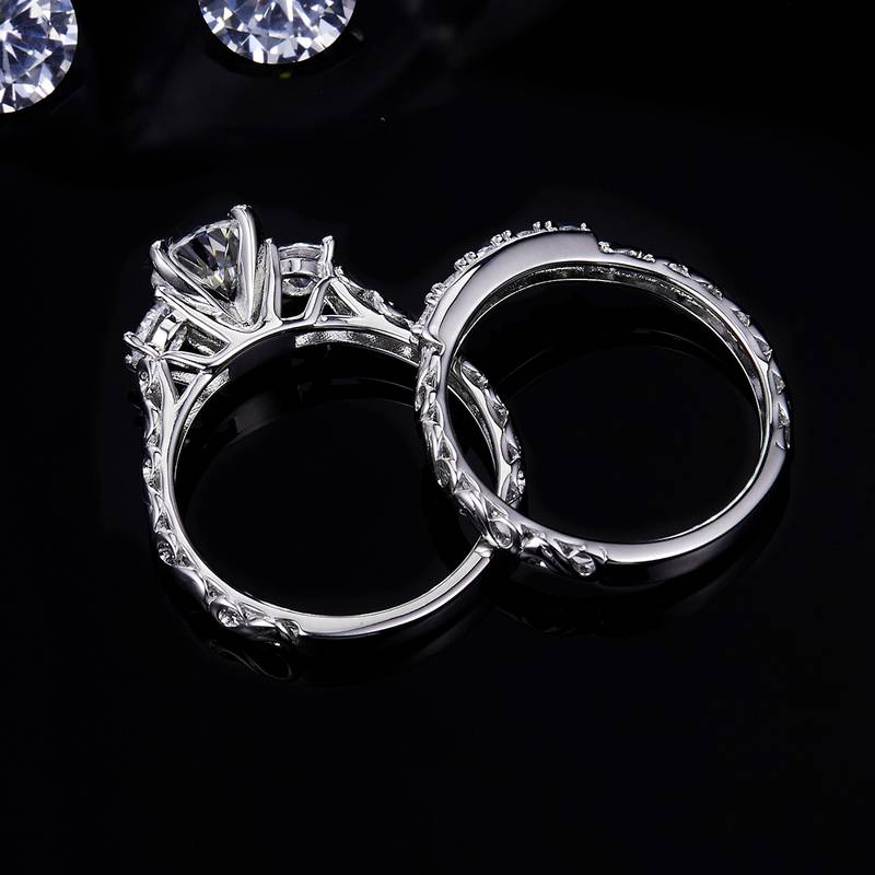 三生三世奢华女戒S925银镀白金主副套戒叠戴定制主石莫桑钻1.0ct/副石高碳钻
